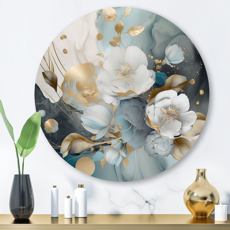 Manthei - Impressions florales marbrées bleues et dorées II, H 16 po x l 16 po x P 1 po