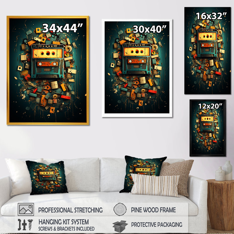 Cassette Monster Popart II - Cassette Tapes Wall Art, Cadre simple noir, H 40 po x l 30 po x P 1,5 po