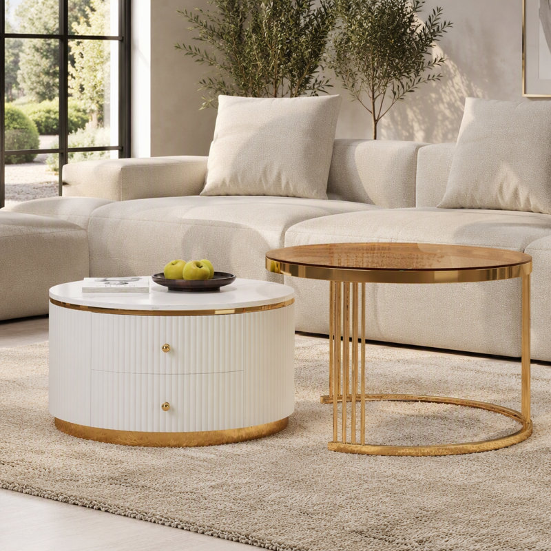 Modern 2 Pieces Round Nesting Coffee Table with Drawers and Brown Tempered Glass Top in 27.6''