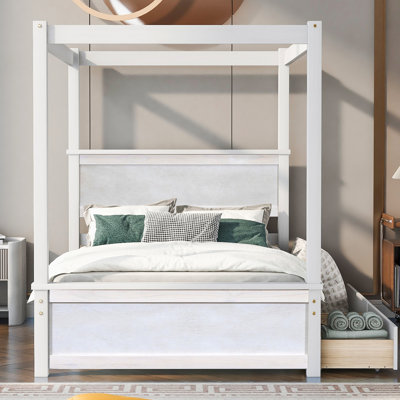 Canopy Bed With Extra Compartments, No Box Spring Needed, Brushed White, 79.5"l X 56.9"w Modern Design Bed, Space Saving Drawers, Made Of Solid Pine Wood And