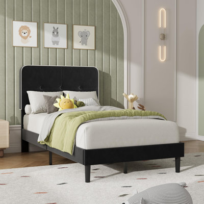 Velvet Upholstered Platform Bed Frames with Adjustable Headboard, No Box Spring Needed for Bedroom