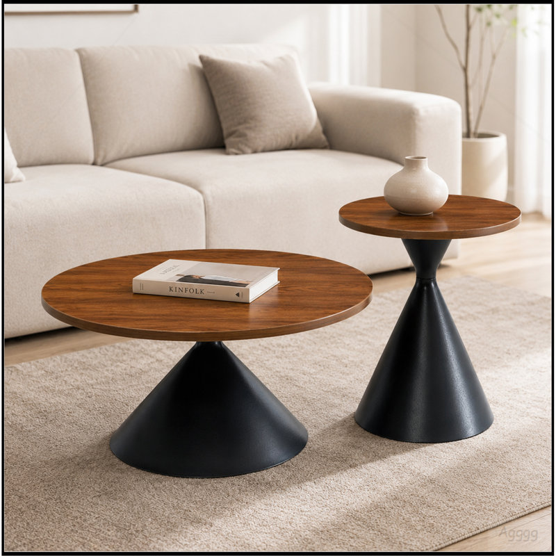 Ensemble de tables basses rondes 2 pièces, plateau de table à motif noyer avec base en acier, table basse multifonctionnelle (noir et noyer)