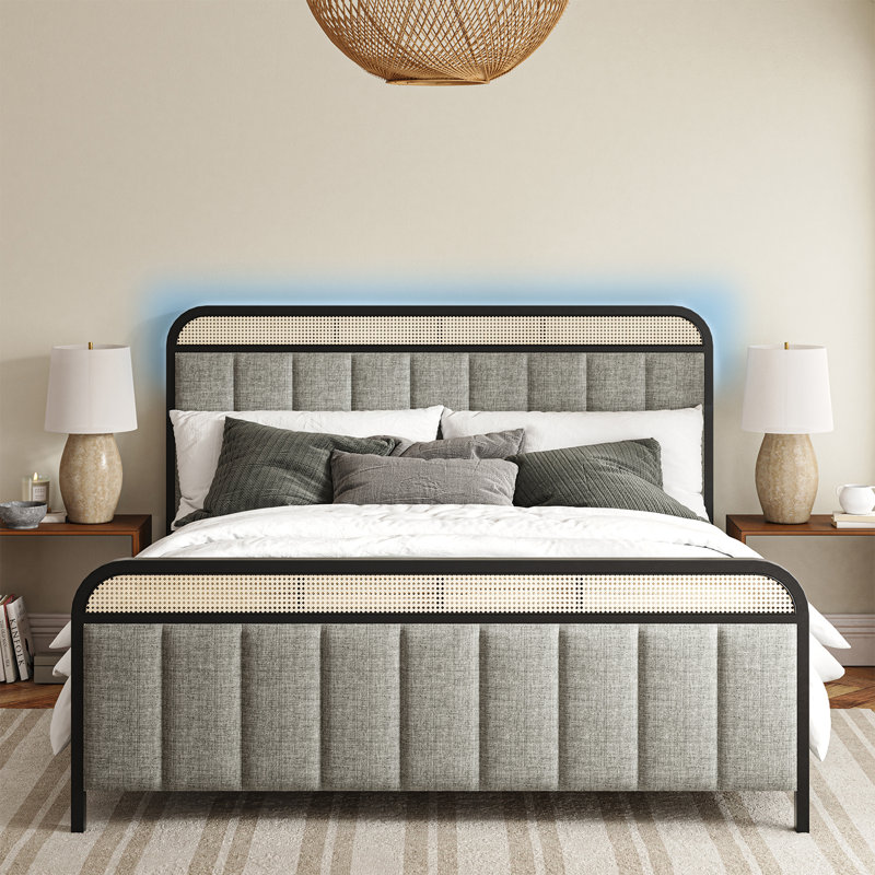 Aracellie Upholstered Solid Wood Platform Bed with Rattan Headboard Lighting, King, Gray