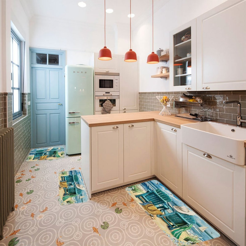 Ensemble de 3 tapis de cuisine bleu et beige pour chaise de plage