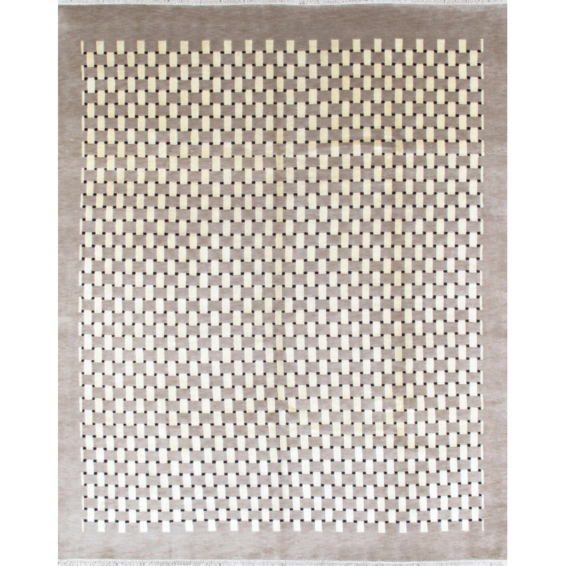Tapis géométrique ivoire / beige en coton noué à la main 7 pi 10 po x 9 pi 9 po Geometric