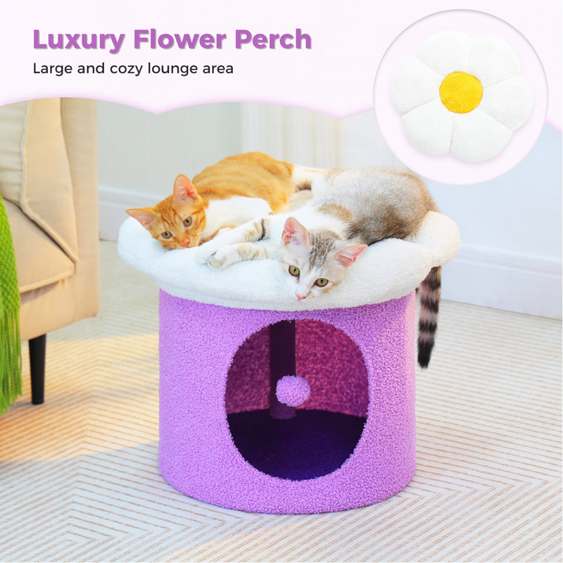 Maison pour chat avec arbre, lit troglodyte et coussin pour chat à fleurs amovible - 19,7 po x 15,7 po x 15,7 po, Mauve