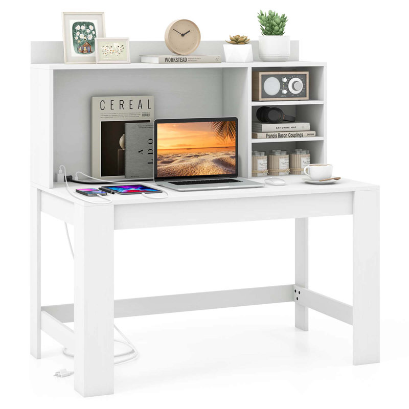 Computer Desk With Hutch 2 Power Outlets Usb & Type-c Charging Ports 3 Shelves White