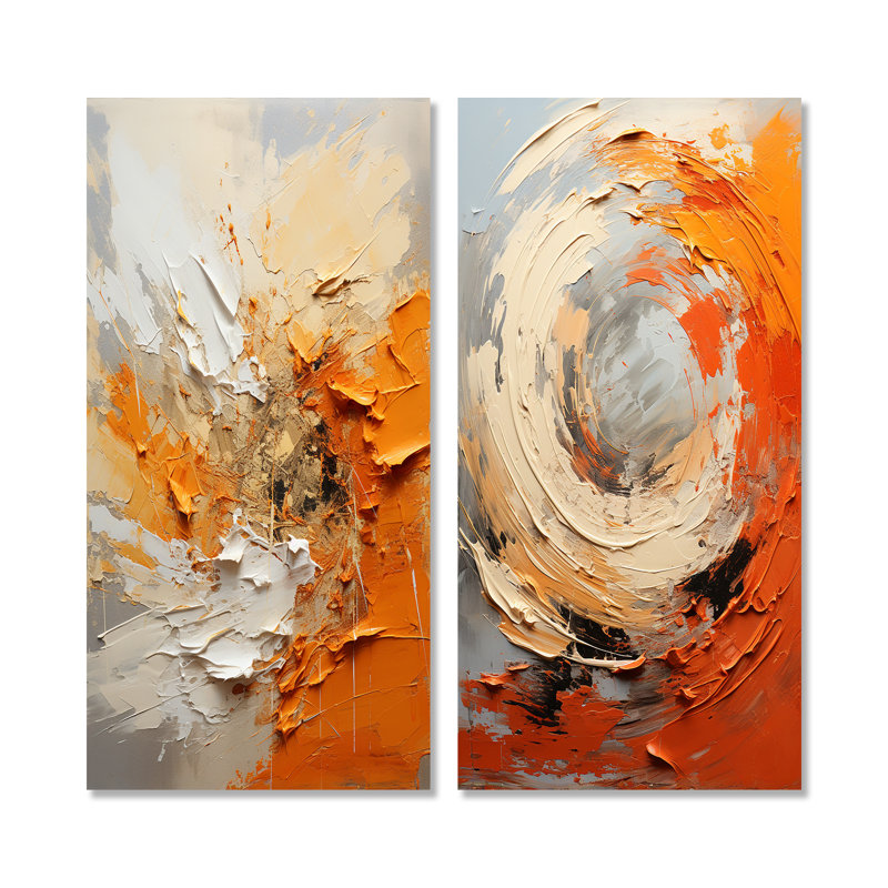 Orange And Beige Echoes Of Modern Shapes I - Abstract Painting Canvas Prints Set Of 2, 32" H x 33" W, Wrapped Canvas