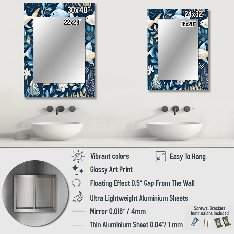 Motif de poisson côtier de tranquillité côtière, miroir mural bleu unique, impression d'art en métal, 40 po x 30 po