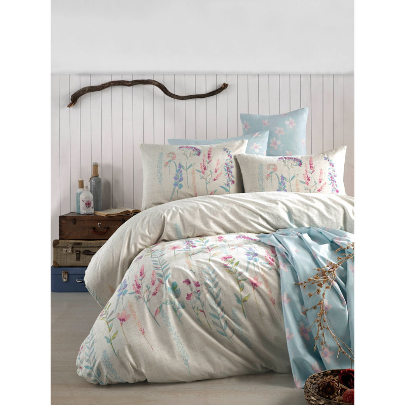 Ensemble de housse de couette 100% coton crème / bleu / rose Kameron, Housse de couette 94 po x 87 po + 2 taies d'oreill