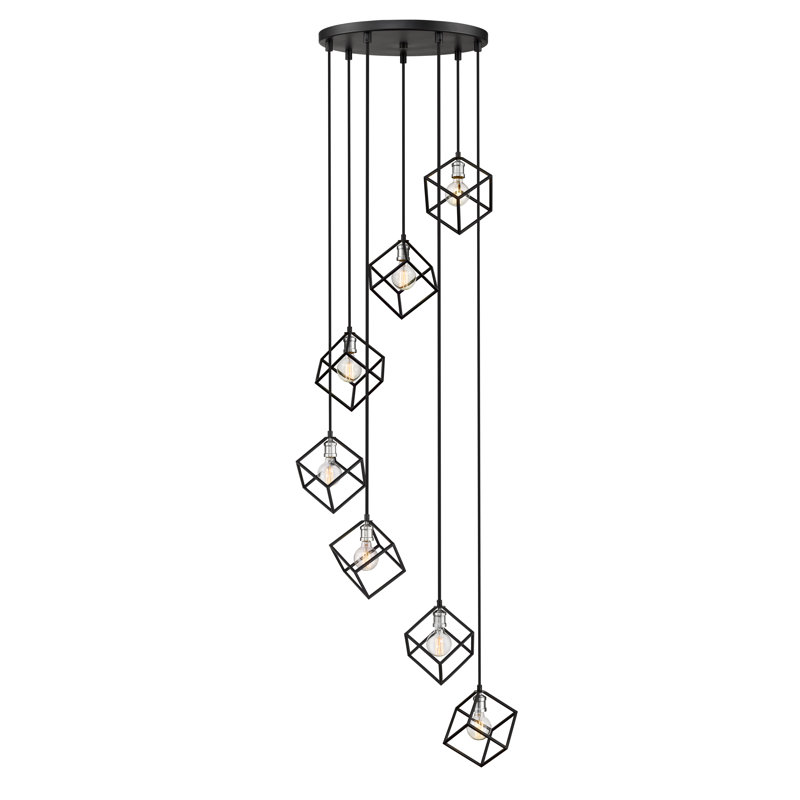 Luminaire suspendu géométrique à 7 lumières Grgies, Noir mat / nickel brossé
