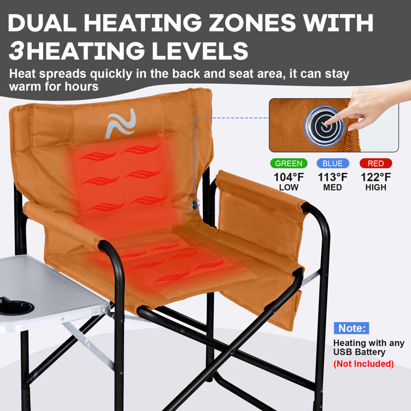 Oversized Heated Camping Chair, Portable Directors Chair With 3 Heat Levels And Side Table, Brown