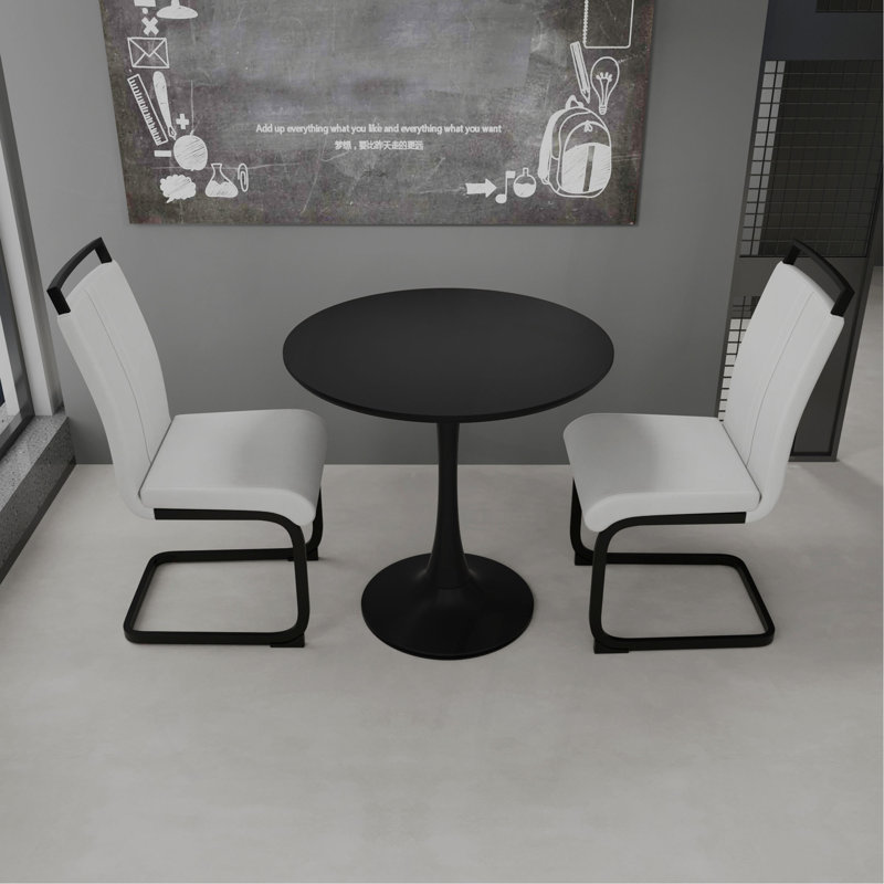 Table de salle à manger 31,5 "circulaire, table de salle à manger Tulip, table de salle à manger pour 2 à 4 personnes, plateau et base en panneau de fibres à densité moyenne et ensemble de 2 chaises en métal