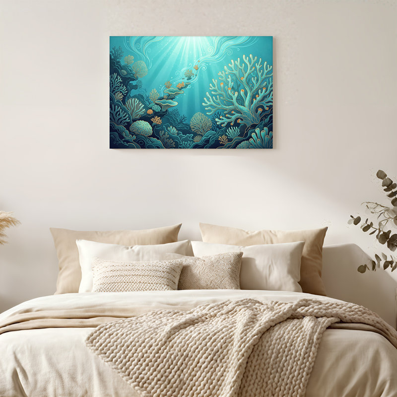 Art mural sur toile bleu sarcelle et récif de corail avec rayons de soleil, 32"H x 48"W
