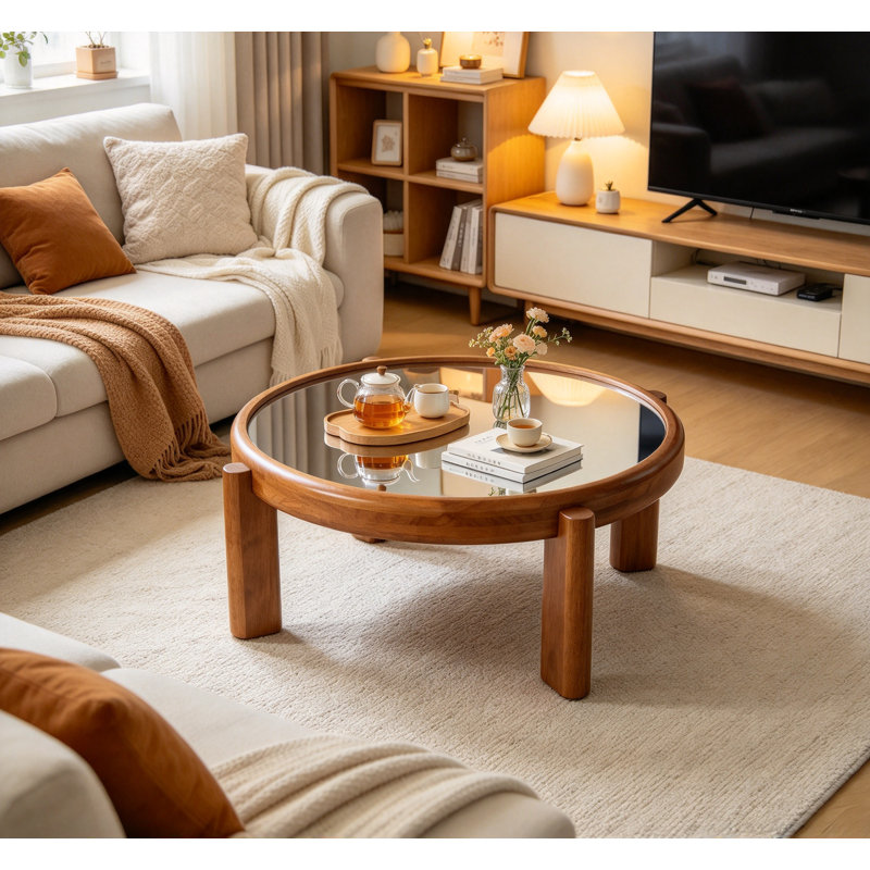 Table basse ronde de 85 cm (33,46 po), table basse rétro de style milieu du siècle avec plateau miroir argenté, structure en bois massif et pieds cylindriques, finition chêne miel pour salon
