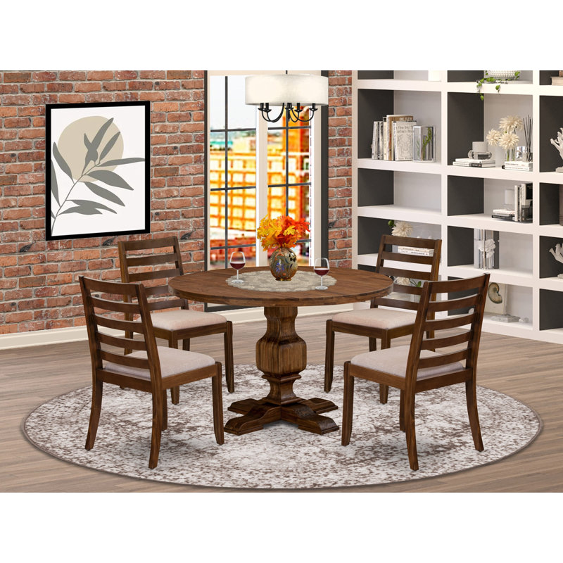 5-piece Dining Table Set included a Round Kitchen Table and 4 Light Tan Polyester Fabric stackable Dining Chair, Antique Walnut Finish