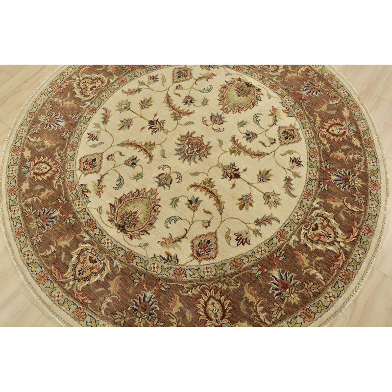Tapis oriental rond rond en laine noué à la main beige 5 pi 11 po x 6 pi