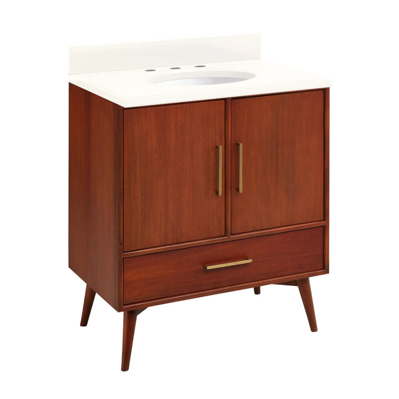 30" Novak Single Bathroom Vanity Set with Oval Undermount Sink, Natural Teak, 8" Widespread, Arctic White Quartz