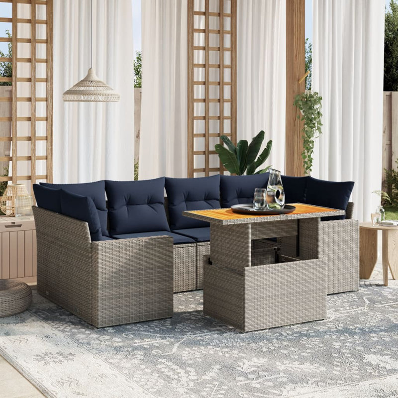 Ensemble de canapé de patio 7 pièces avec coussins en rotin de polyester, Gris, Marine