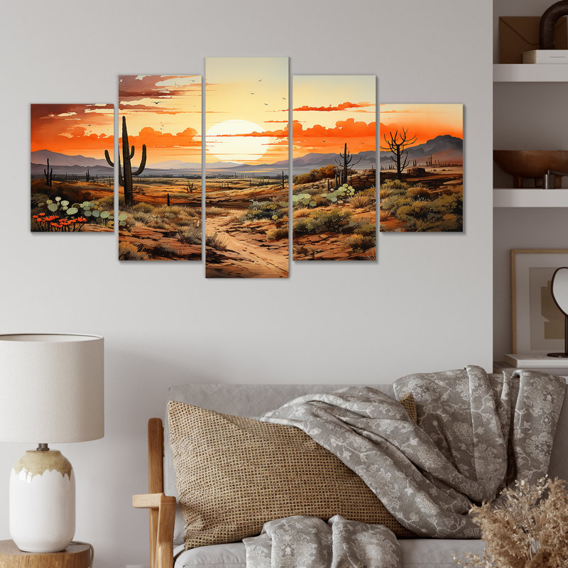 Silhouette orange, Cactus, lever de soleil - art mural multi-panneaux Cactus