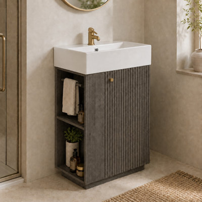 Meuble-lavabo autoportant de 55 cm de largeur, avec rangement ouvert sur le côté gauche et dessus en céramique