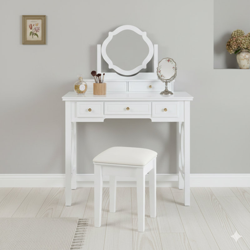 Coiffeuse compacte avec miroir réversible. Cet ensemble de coiffeuse est livré avec un tabouret et est une station de beauté compacte conçue pour les petits espaces, en blanc.