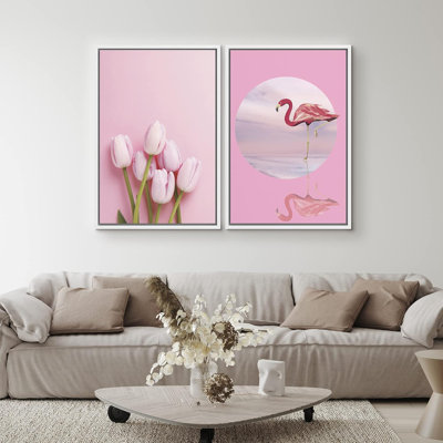 " Tulip & Flamingo Reflection Duo Animals Flower Pop Art Glam Panoramic Fun Multicolor Ultra " 2 - Pieces