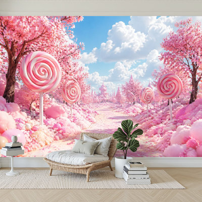 Papier peint adhésif peler et coller Fantasy Candyland Rose Lollipop Trees Cotton Candy Clouds Papier autocollant amovible pour mur de salon