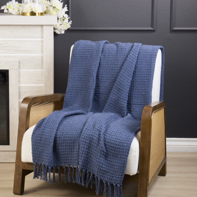 Waffle Weave Cotton Throw Blanket with Tassels - Soft Textured Fringe Throw for Cozy Everyday Home Décor