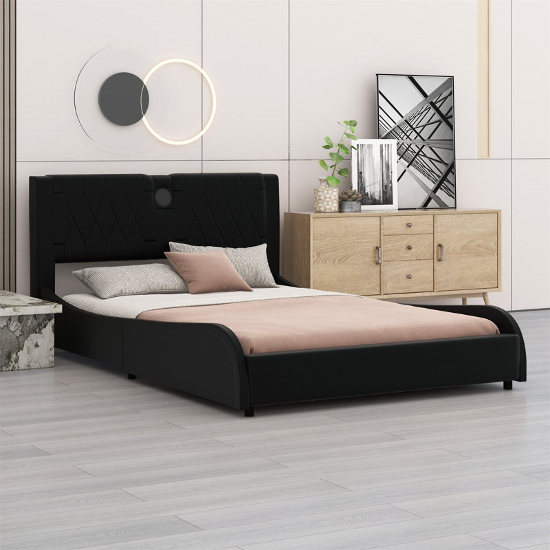 Upholstered Platform Bed With Thickened Headboard, Bluetooth Speakers And RGB LED Light, Black