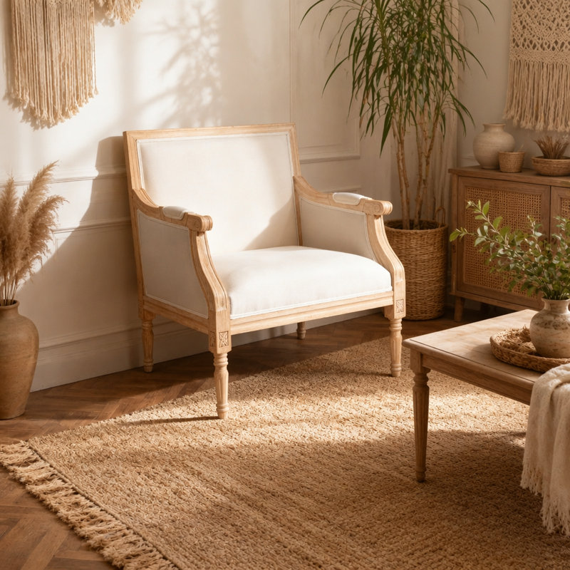 Fauteuil d'appoint français avec cadre en bois et revêtement en lin, Fabric