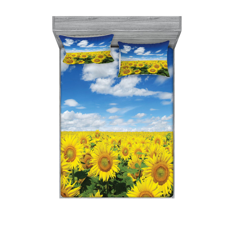 Ambesonne Sunflower Fitted Sheet & Pillow Sham , Blue Green Yellow, California King Sheet Set + 4 Pillowcases