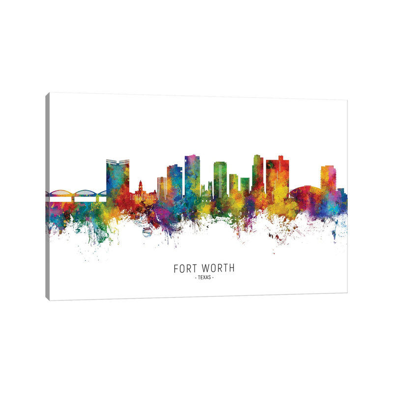 «Rainbow Splash Fort Worth Texas Skyline», reproduction d'art murale encadrée, H 18 po x l 26 po, Toile tendue