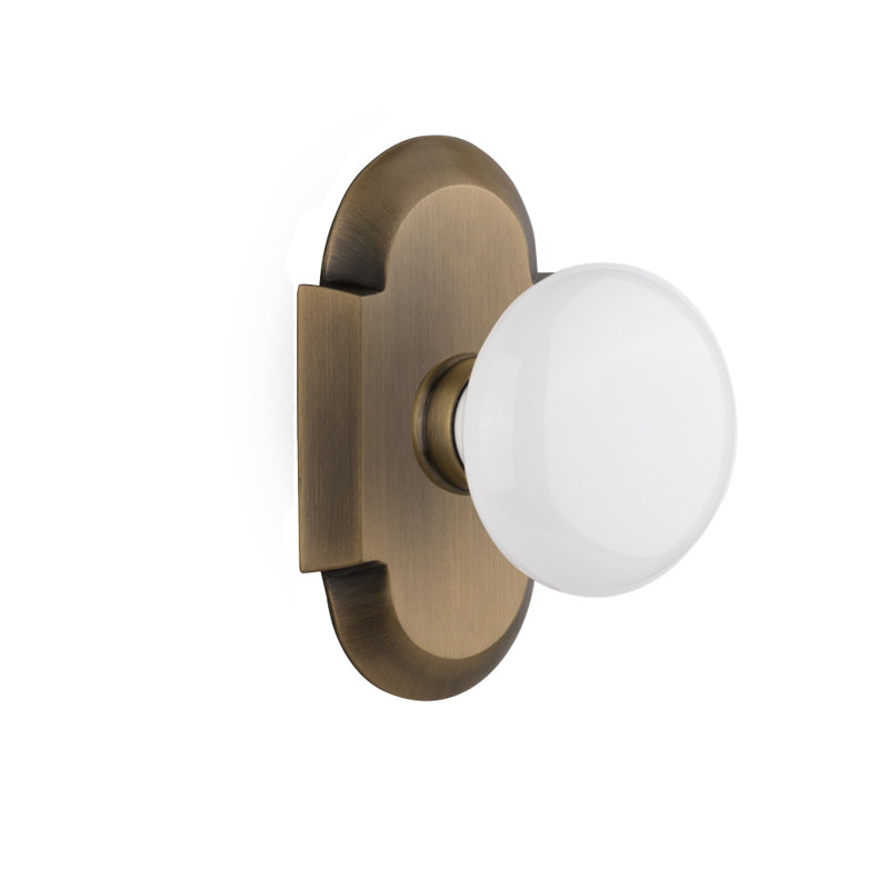 Cottage Plate with White Porcelain Door Knob, Antique Brass, 2-3/4”