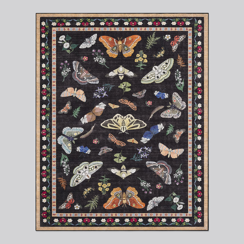 Black Butterfly Washable Rug Indoor Carpet, Black, Rectangle 8' x 10'