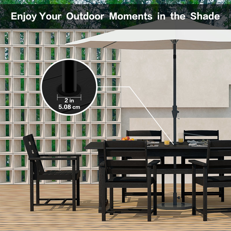 7-Piece Outdoor Dining Set, HDPE Poly Lumber Patio Furniture, 6-Person Rectangular Table with Umbrella Hole, All-Weather Heavy Duty Slatted Design, Fade-Resistant