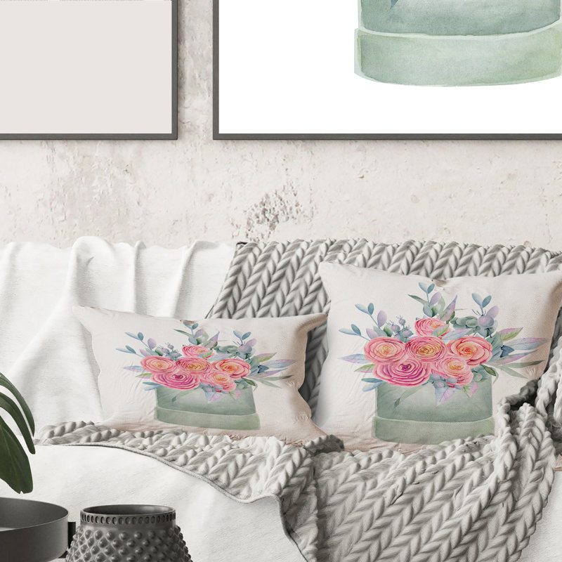 Rectangle, boîte-cadeau avec roses roses - Coussin Farmhouse
