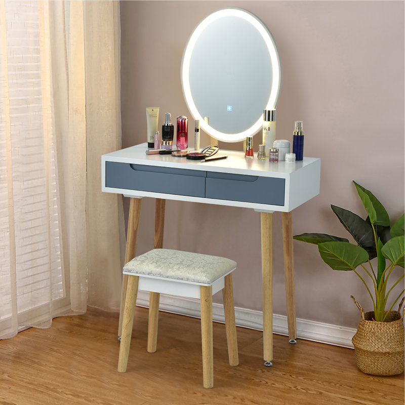 Ensemble coiffeuse avec tabouret et miroir Brassfield, Brun / blanc / bleu