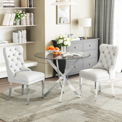 36" Round Glass Dining Set, Modern Velvet Upholstered Chairs with Cross Stainless Steel Base
