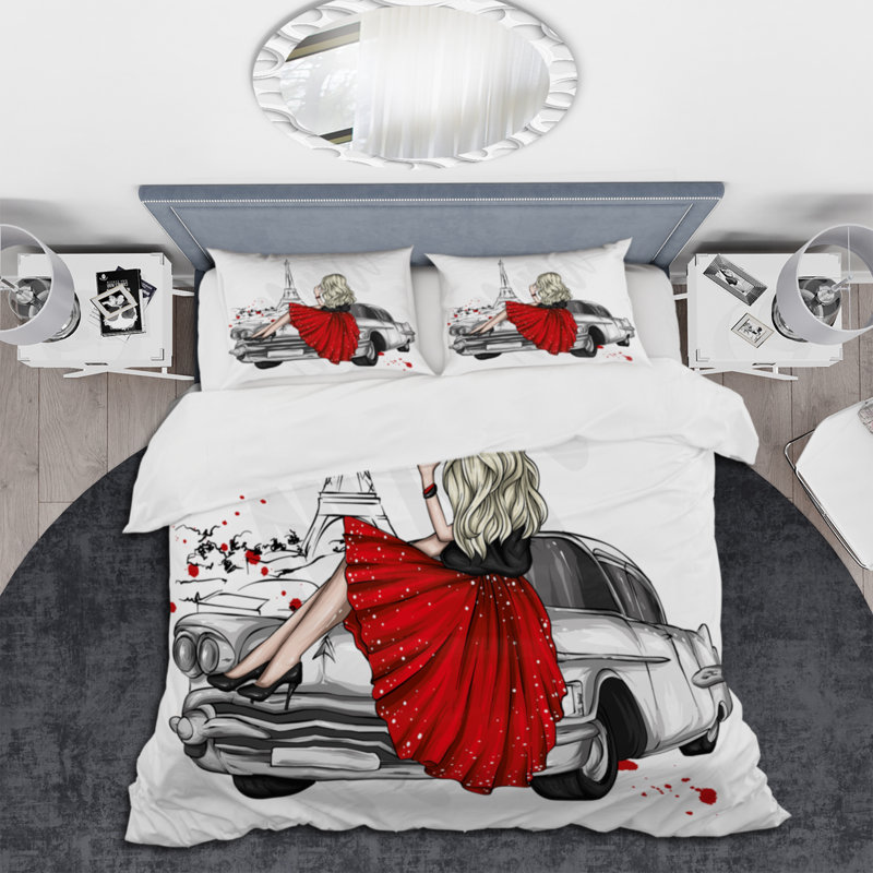 Jeune femme sur une voiture rétro - ensemble de housse de couette moderne - microfibre de polyester