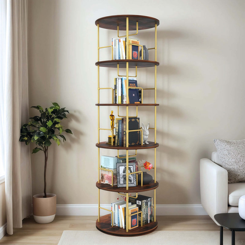 5 Tier Rotating Bookshelf, 360° Display Round Spinning Bookshelf,  Wood & Metal Stackable Spinning Bookshelf Tower, Space Saving Floor Standing Swivel Bookcase For Bedroom, Living Room, Office, Gold