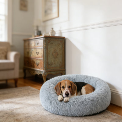 Large Donut-Shaped Plush Pet Bed, Calming Anti-Slip Dog & Cat Bed