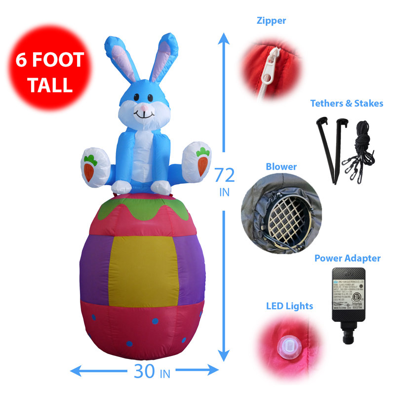 6 Foot Tall Lighted Inflatable Bunny Rabbit Sitting on Easter Egg