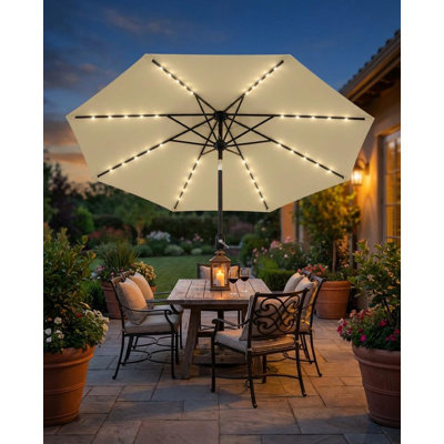 10FT Patio Umbrella with Solar Lights, 8 Ribs Market Table Umbrella with Tilt Crank & 40 LEDs for Outdoor Pool Deck Backyard Beige