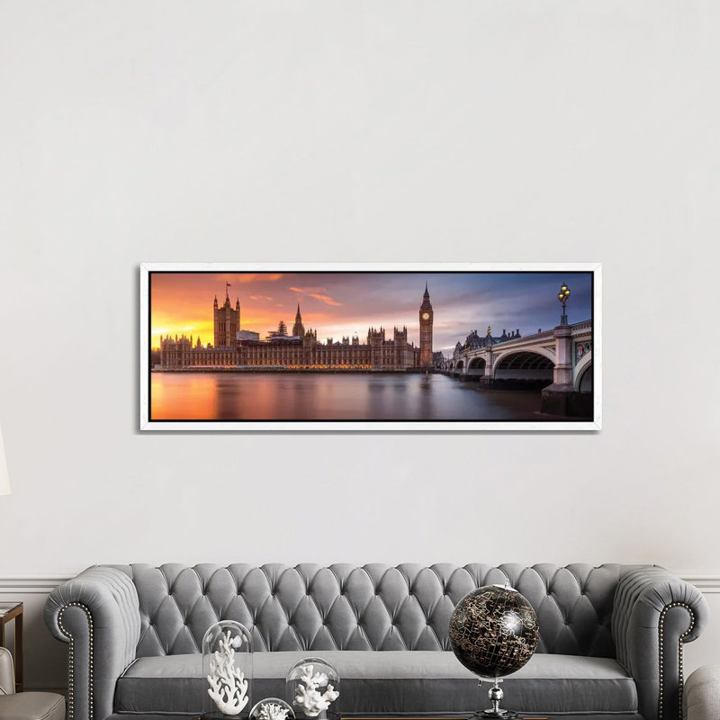London Palace Of Westminster Sunset - Panoramic Print on Canvas, 152.4 cm H x 50.8 cm W, White Framed