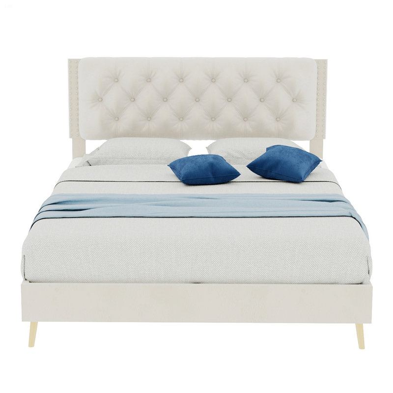 Upholstered Bed With Tufted Headboard, Beige, Lit double