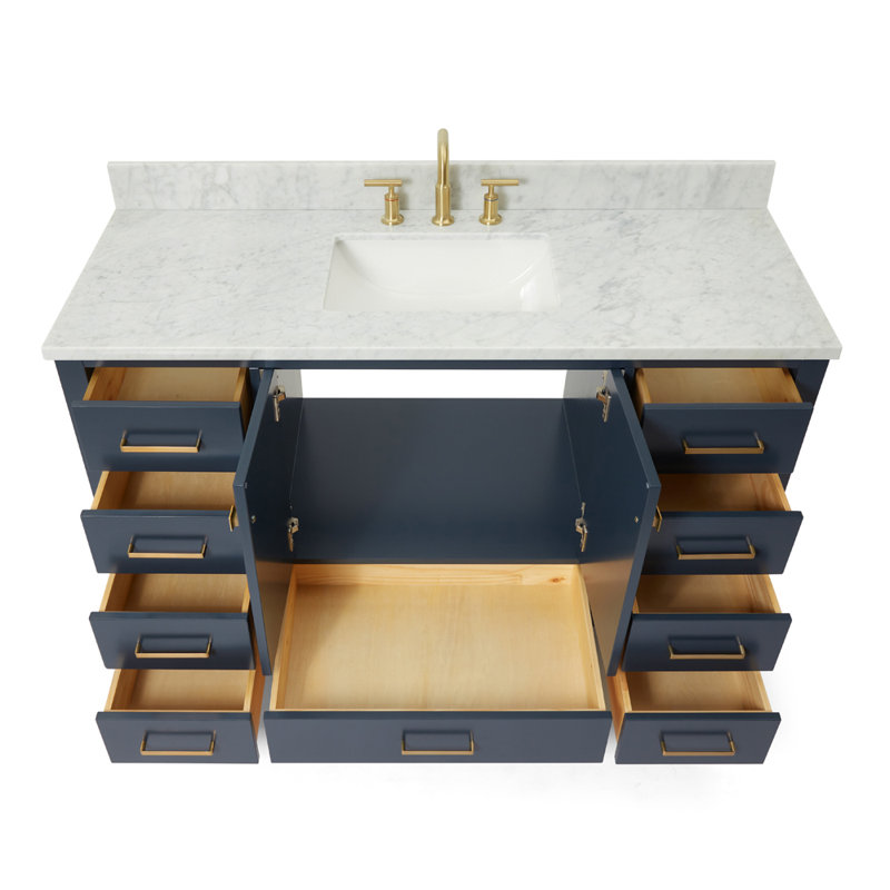 Flynt Single Bathroom Vanity Set, Midnight Blue/Satin Brass, Rectangular, 55" W