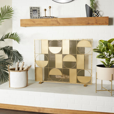 Fairfax Gold Metal Cut-Out Single Panel Geometric Fireplace Screen with Mesh Netting