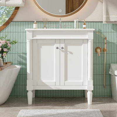 Armoire de meuble-lavabo 30 po avec lavabo en céramique 30 po, armoire de rangement avec portes à fermeture douce et pieds en bois massif