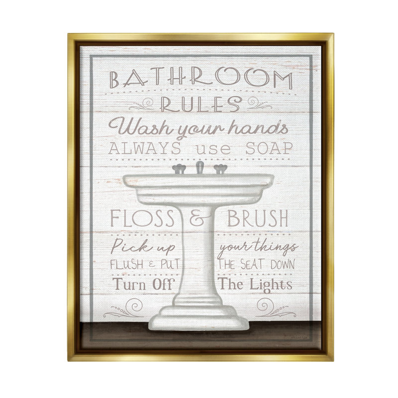 "Ba-573-Floater Rustic Bathroom Rules Sink" par Elizabeth Tyndall, art textuel sur toile, Cadre flottant métallique doré
